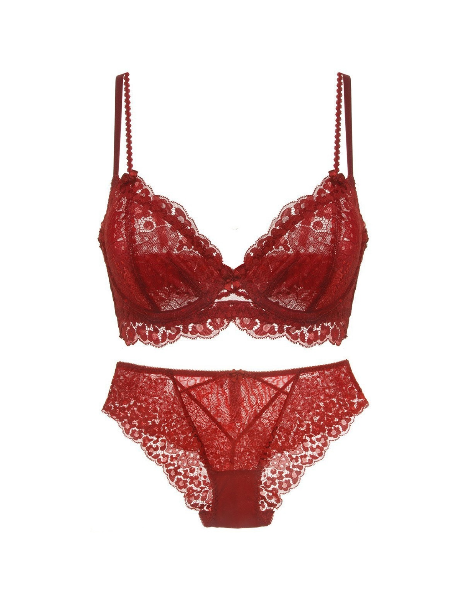 WLMZ113100072 性感蕾絲內衣女法式超薄大胸顯小大碼內衣本命年紅色文胸套裝
