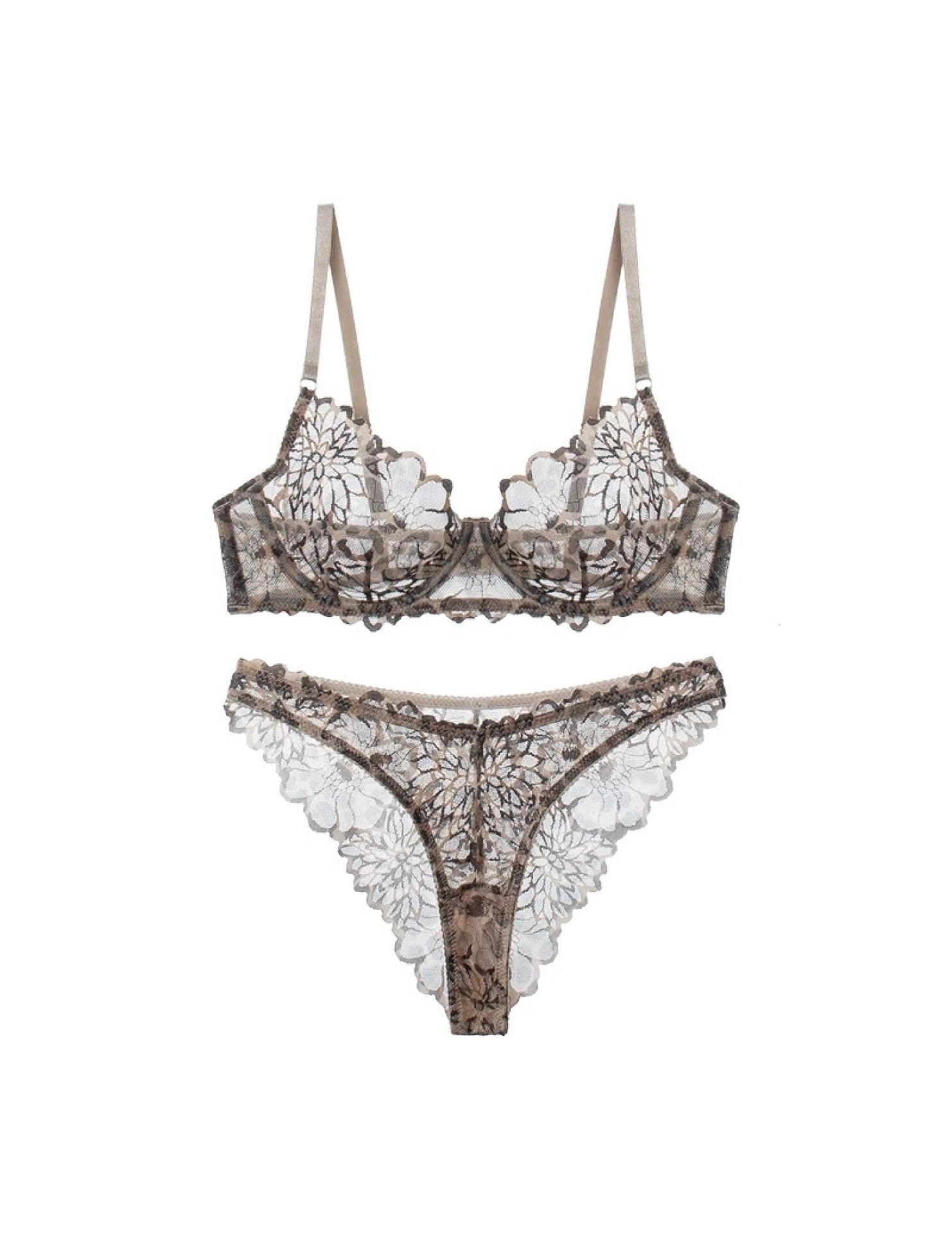 WLMZ113100075 法式內衣女超薄豹紋印花蕾絲文胸大胸顯小防下垂性感內衣套裝