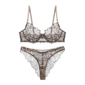 WLMZ113100075 法式內衣女超薄豹紋印花蕾絲文胸大胸顯小防下垂性感內衣套裝