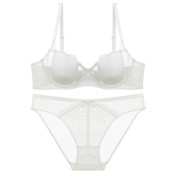 WLMZ113100111 法式性感蕾絲內衣大胸顯小防下垂文胸薄款兔耳朵大碼內衣套裝