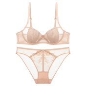 WLMZ113100111 法式性感蕾絲內衣大胸顯小防下垂文胸薄款兔耳朵大碼內衣套裝