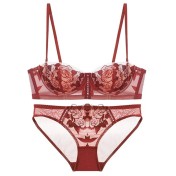 WLMZ113100112 法式內衣性感薄款兔耳朵杯刺繡蕾絲文胸大胸顯小大碼內衣套裝