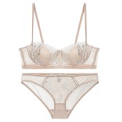 WLMZ113100112 法式內衣性感薄款兔耳朵杯刺繡蕾絲文胸大胸顯小大碼內衣套裝