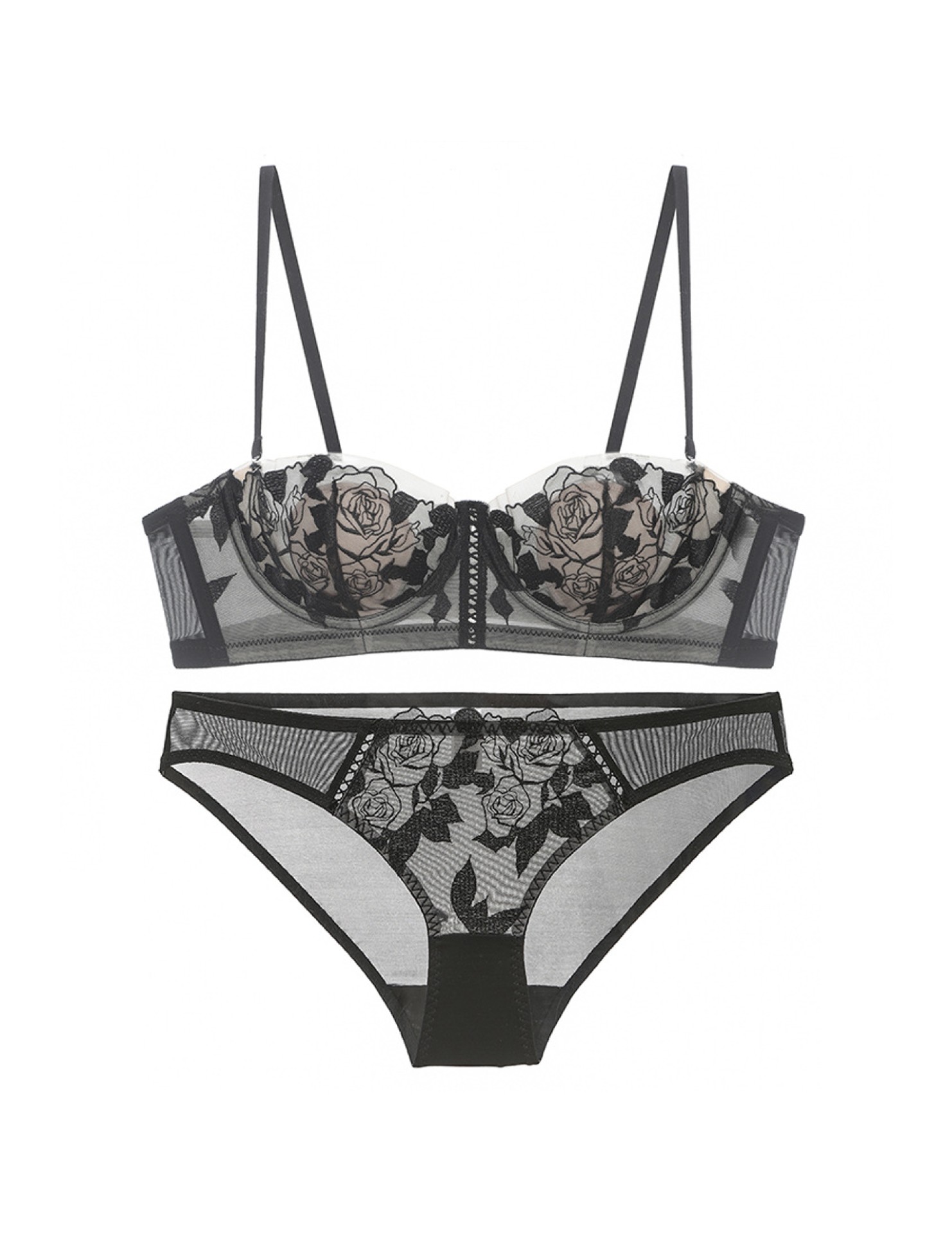 WLMZ113100112 法式內衣性感薄款兔耳朵杯刺繡蕾絲文胸大胸顯小大碼內衣套裝