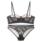 WLMZ113100112 法式內衣性感薄款兔耳朵杯刺繡蕾絲文胸大胸顯小大碼內衣套裝