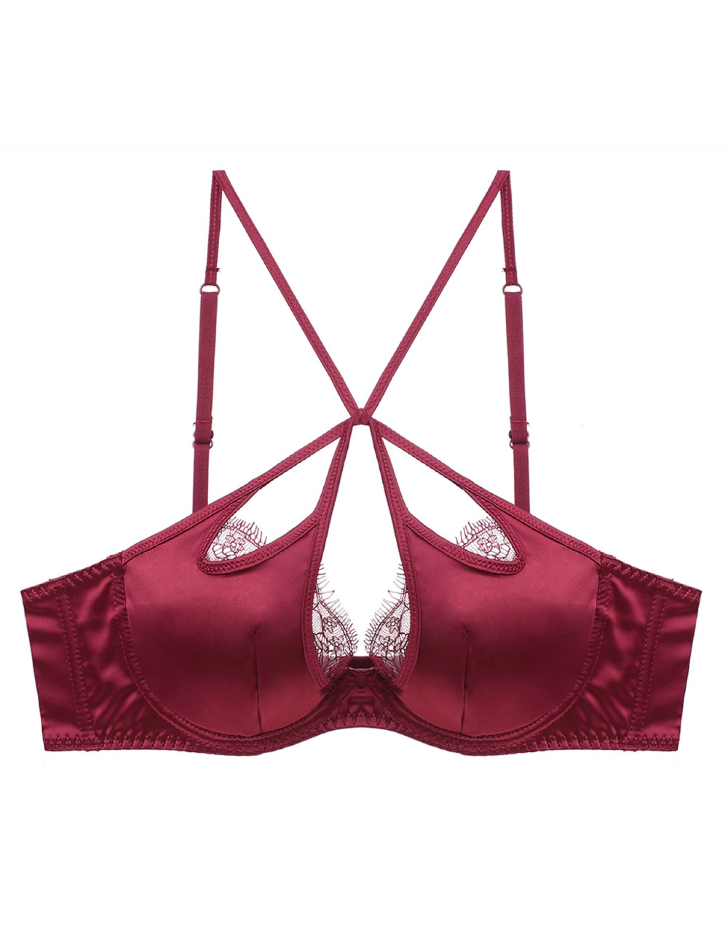 WLMZ113100123 性感緞面交叉綁帶美背內衣睫毛蕾絲薄款文胸軟鋼圈聚攏透氣文胸罩