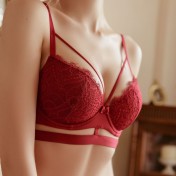 WLMZ113100124 性感紅色蕾絲文胸套裝鏤空刺繡鋼圈聚攏上托內衣胸罩內褲