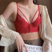 WLMZ113100131 法式內衣女性感薄款兔耳朵杯前扣美背內衣大胸顯小防下垂文胸套裝