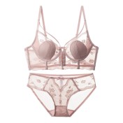 WLMZ113100131 法式內衣女性感薄款兔耳朵杯前扣美背內衣大胸顯小防下垂文胸套裝