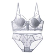 WLMZ113100131 法式內衣女性感薄款兔耳朵杯前扣美背內衣大胸顯小防下垂文胸套裝