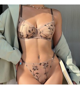 WLMZ113100142 Sexy sexy underwear summer ultra-thin see-through mesh embroidered underwear big breasts slimming anti-sagging bra set