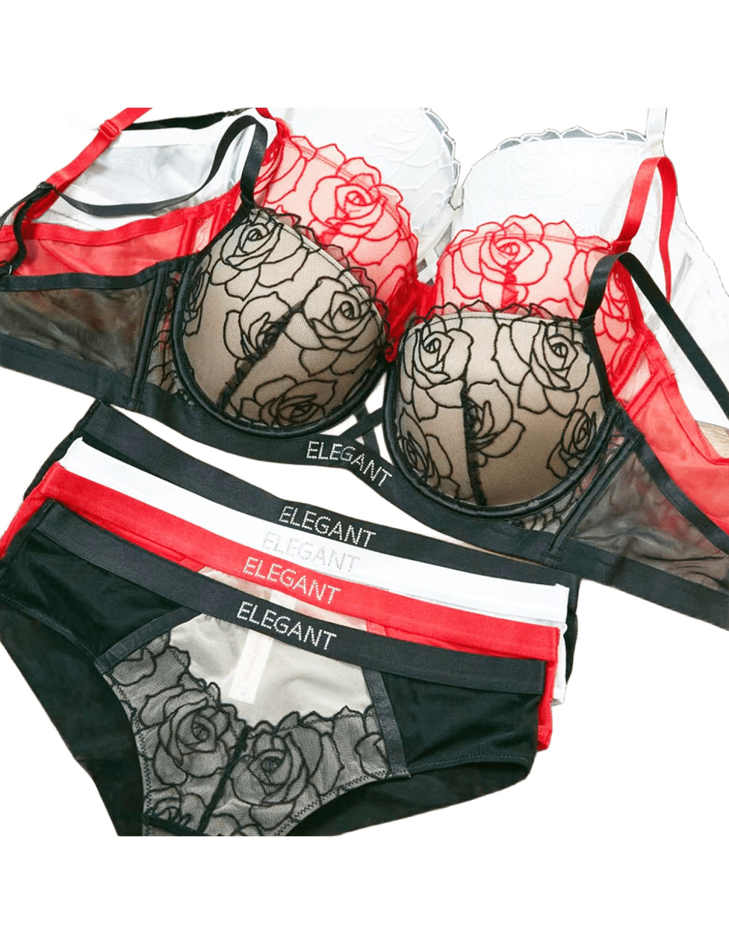 WLMZ113100148 法式性感內衣小胸顯大聚攏收副乳內衣玫瑰花刺繡蕾絲文胸套裝