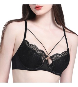 WLMZ113100183 性感內衣法式薄款透氣刺繡蕾絲內衣大胸顯小防下垂文胸罩