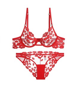 WLMZ113100193 性感內衣超薄紅唇刺繡法式內衣情人節禮物大胸顯小大碼文胸罩