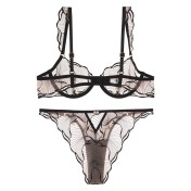 WLMZ113100195 法式內衣女夏季超薄純欲刺繡蕾絲內衣大胸顯小防下垂性感文胸套裝