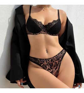 WLMZ113100201 法式內衣女性感薄棉豹紋蕾絲內衣大胸顯小防下垂文胸套裝胸罩