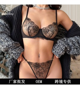 WLMZ113100295 性感內衣法式超薄玫瑰花刺繡蕾絲文胸防下垂情趣內衣套裝