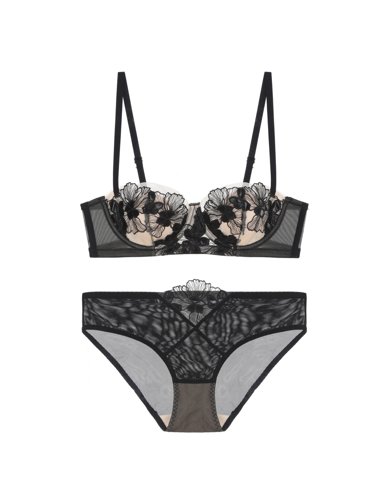 WLMZ113100337 夏季性感刺繡蕾絲內衣薄款兔耳朵杯法式內衣大胸顯小大碼文胸套裝