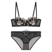 WLMZ113100337 夏季性感刺繡蕾絲內衣薄款兔耳朵杯法式內衣大胸顯小大碼文胸套裝