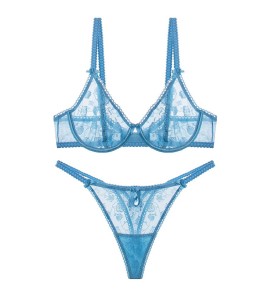 WLMZ113100353 性感內衣法式超薄植絨印花網紗情趣內衣大胸顯小防下垂文胸罩