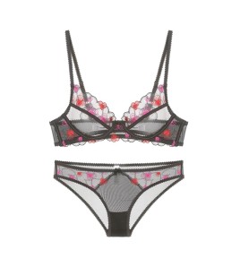 WLMZ113100380 法式性感內衣女超薄網紗刺繡蕾絲內衣大胸顯小防下垂文胸套裝