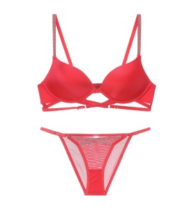 WLMZ113100381 性感內衣光面燙珠交叉綁帶小胸聚攏內衣收副乳大碼文胸罩