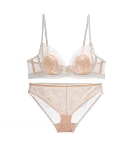 WLMZ113100399 法式內衣女性感兔耳杯網紗刺繡撞色蕾絲內衣大胸顯小大碼文胸套裝