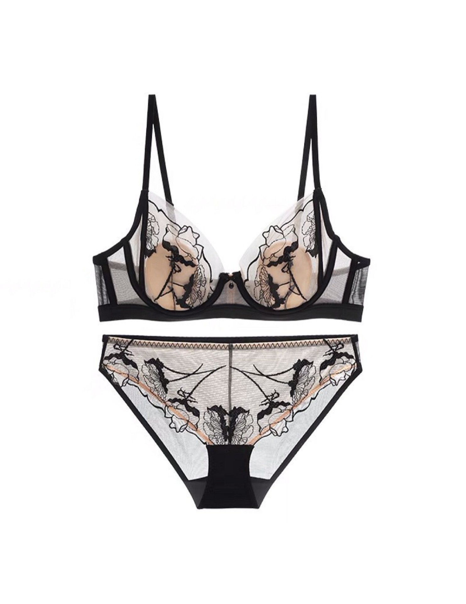 WLMZ113100399 法式內衣女性感兔耳杯網紗刺繡撞色蕾絲內衣大胸顯小大碼文胸套裝