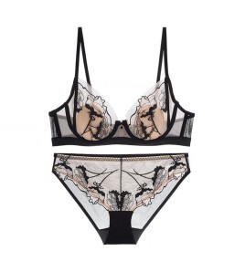 WLMZ113100399 法式內衣女性感兔耳杯網紗刺繡撞色蕾絲內衣大胸顯小大碼文胸套裝