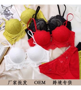 WLMZ113100420 法式性感蕾絲內衣小胸顯大聚攏收副乳文胸防下垂大碼內衣套裝