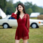 LFWN121100002 泳衣女高腰遮肚顯瘦長袖連體泳衣女夏季新款韓版保守海邊度假泳裝