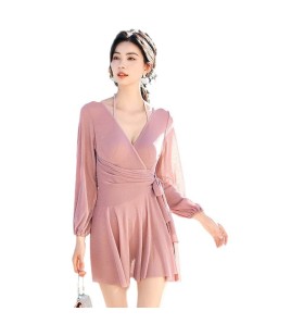 LFWN121100006 連體裙式泳衣女2025新款遮肉顯瘦高腰長袖泳裝溫泉海邊度假游泳衣