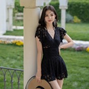 LFWN121100011 連體泳衣女2025新款韓版鋼托聚攏裙式游泳衣平角保守溫泉泳裝女