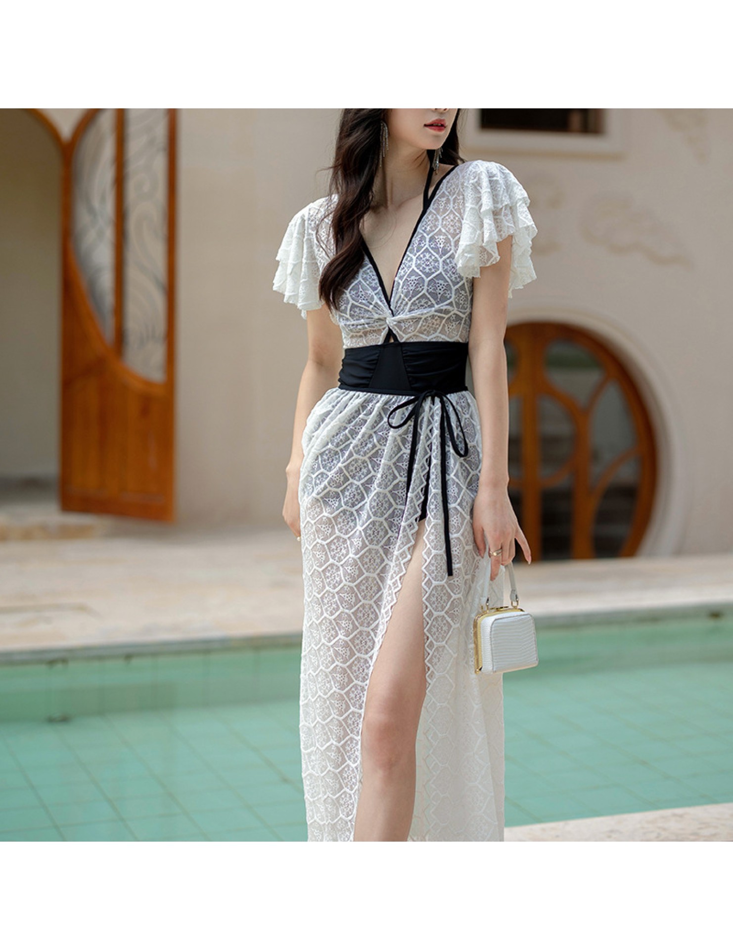 LFWN121100013 時尚拼色泳衣女新款連體比基尼兩件套小胸聚攏溫泉游泳衣女