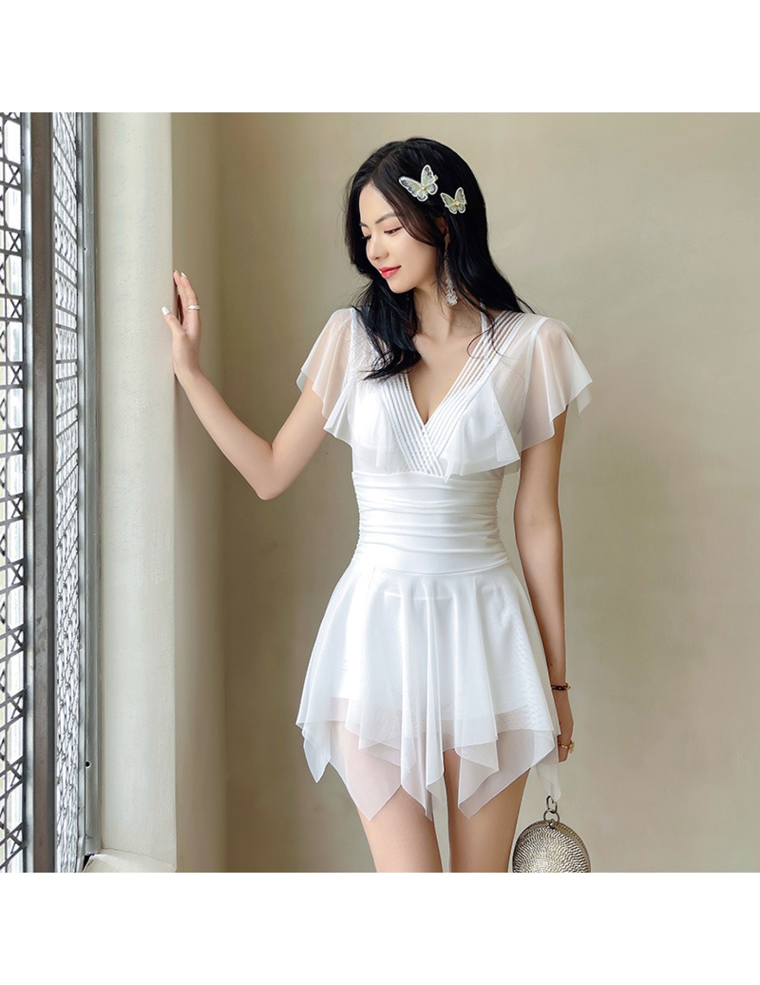 LFWN121100014 泳衣女夏2025新款泳衣女連體裙式平角保守泳裝小胸聚攏溫泉游泳衣