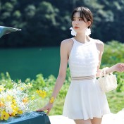 LFWN121100017 2025新款純色泳衣女夏高級感連體裙式小胸聚攏遮肚顯瘦保守游泳裝