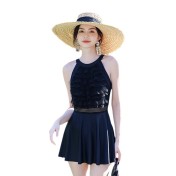 LFWN121100017 2025新款純色泳衣女夏高級感連體裙式小胸聚攏遮肚顯瘦保守游泳裝