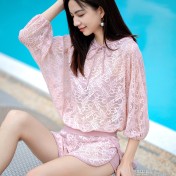 LFWN121100116 夏季新款泳衣女分體三件套韓版罩衫防曬長袖聚攏遮肉顯瘦泳裝女