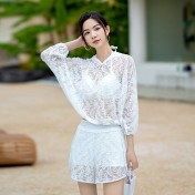 LFWN121100116 夏季新款泳衣女分體三件套韓版罩衫防曬長袖聚攏遮肉顯瘦泳裝女