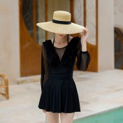 LFWN121100122 泳衣女2025新款遮肚顯瘦連體女士保守大碼溫泉游泳衣女款泳裝長袖