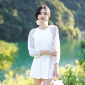 LFWN121100133 泳衣新款韓版長袖連體裙式溫泉游泳衣女遮肚顯瘦度假泳衣女