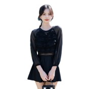 LFWN121100133 泳衣新款韓版長袖連體裙式溫泉游泳衣女遮肚顯瘦度假泳衣女