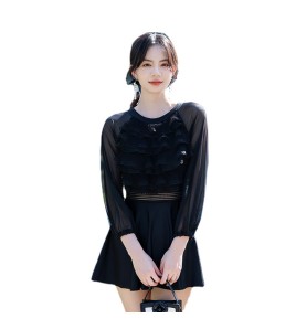 LFWN121100133 泳衣新款韓版長袖連體裙式溫泉游泳衣女遮肚顯瘦度假泳衣女