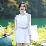 LFWN121100133 泳衣新款韓版長袖連體裙式溫泉游泳衣女遮肚顯瘦度假泳衣女