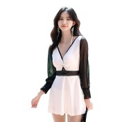 LFWN121100138 新款泳衣女顯瘦遮肚連體保守泡溫泉泳裝長袖深V性感游泳衣女
