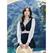 LFWN121100138 新款泳衣女顯瘦遮肚連體保守泡溫泉泳裝長袖深V性感游泳衣女