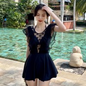LFWN121100141 連體泳衣女2025新款秋冬溫泉連體游泳衣女裙式保守大碼平角泳裝女
