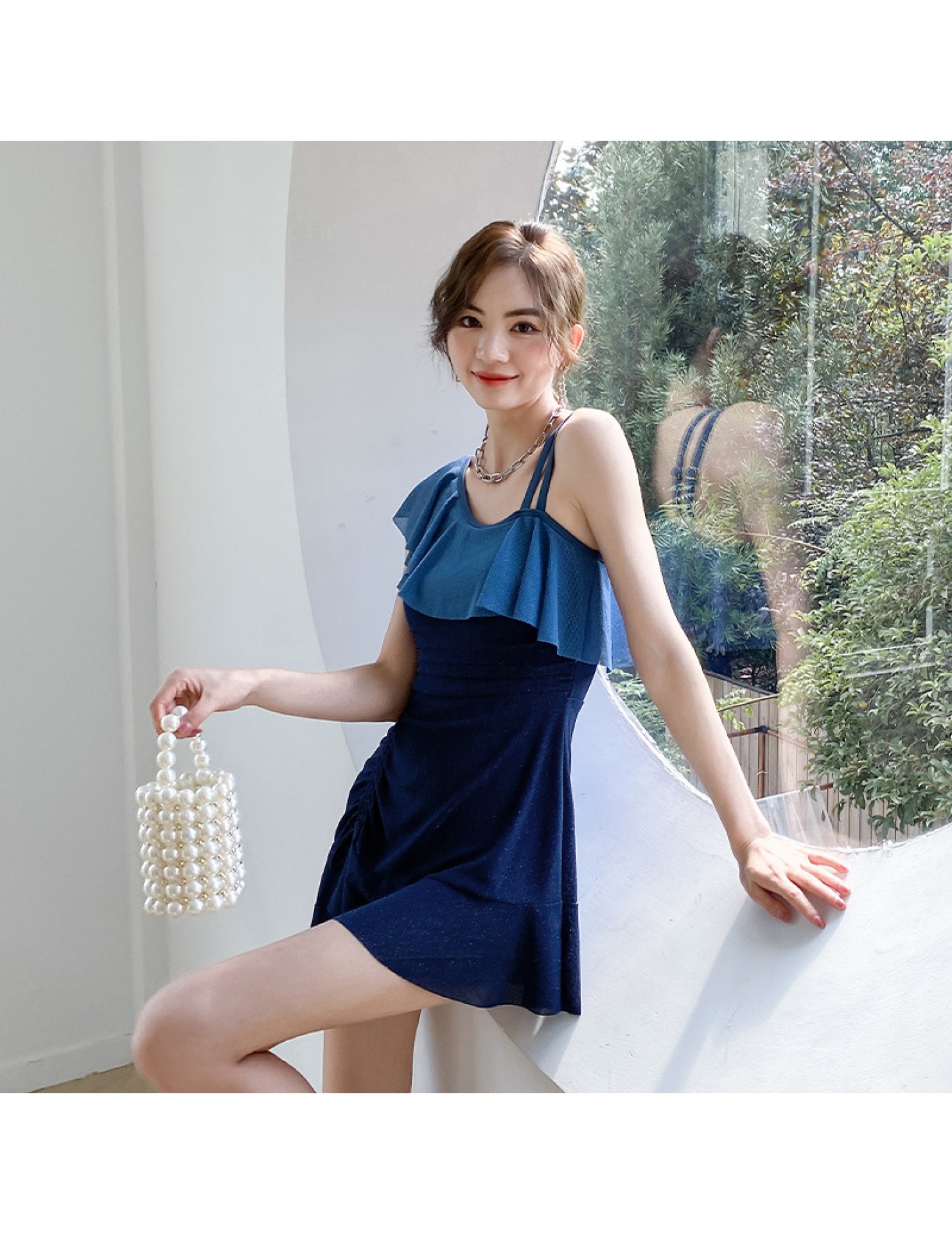 LFWN121100143 溫泉泳衣女2025新款韓版連體裙式游泳衣平角保守遮肚顯瘦連體泳裝
