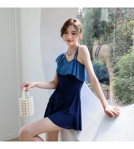 LFWN121100143 溫泉泳衣女2025新款韓版連體裙式游泳衣平角保守遮肚顯瘦連體泳裝