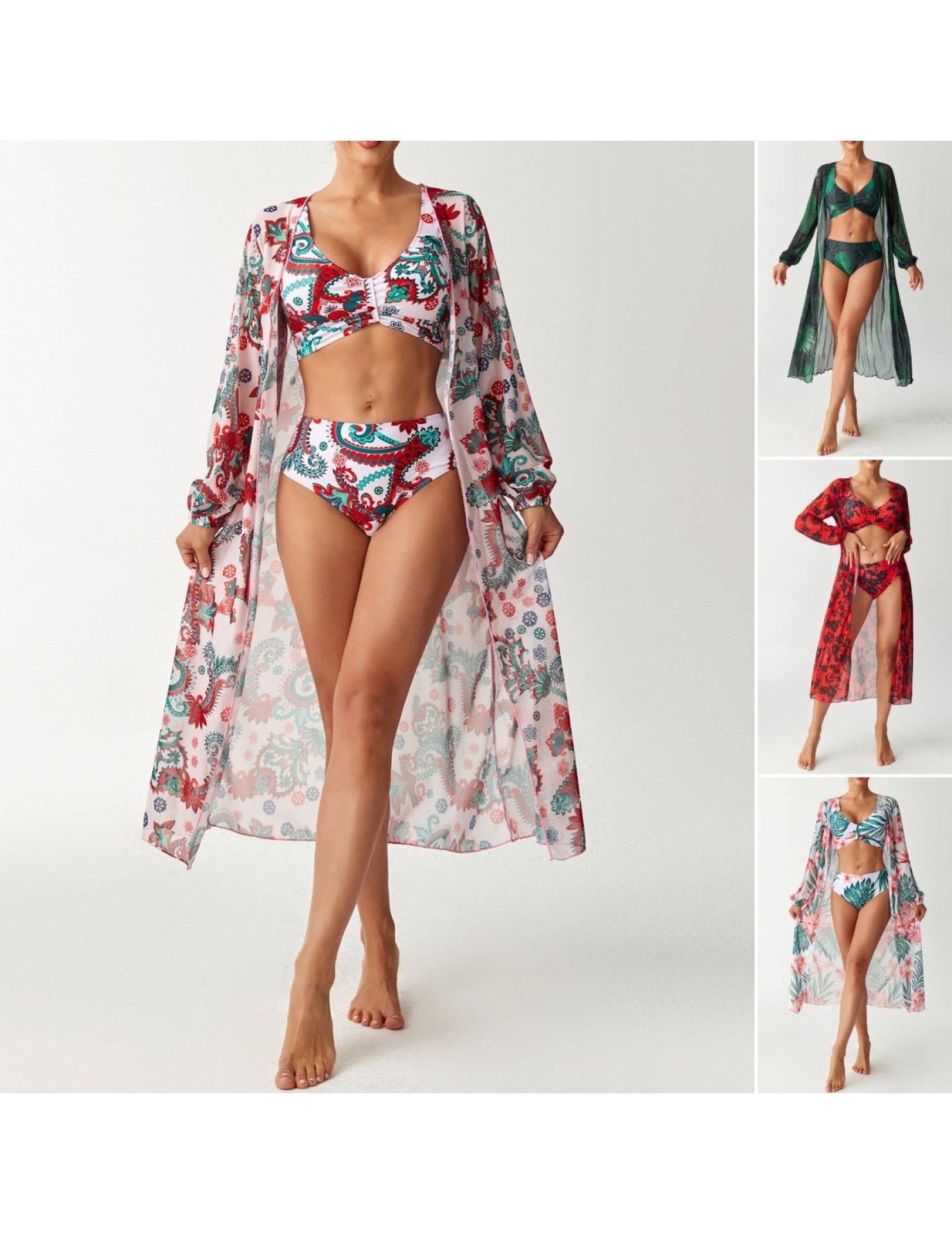 LYXN120100120 2026新款分體泳衣性感三件套高腰比基尼防曬罩衫女士泳裝